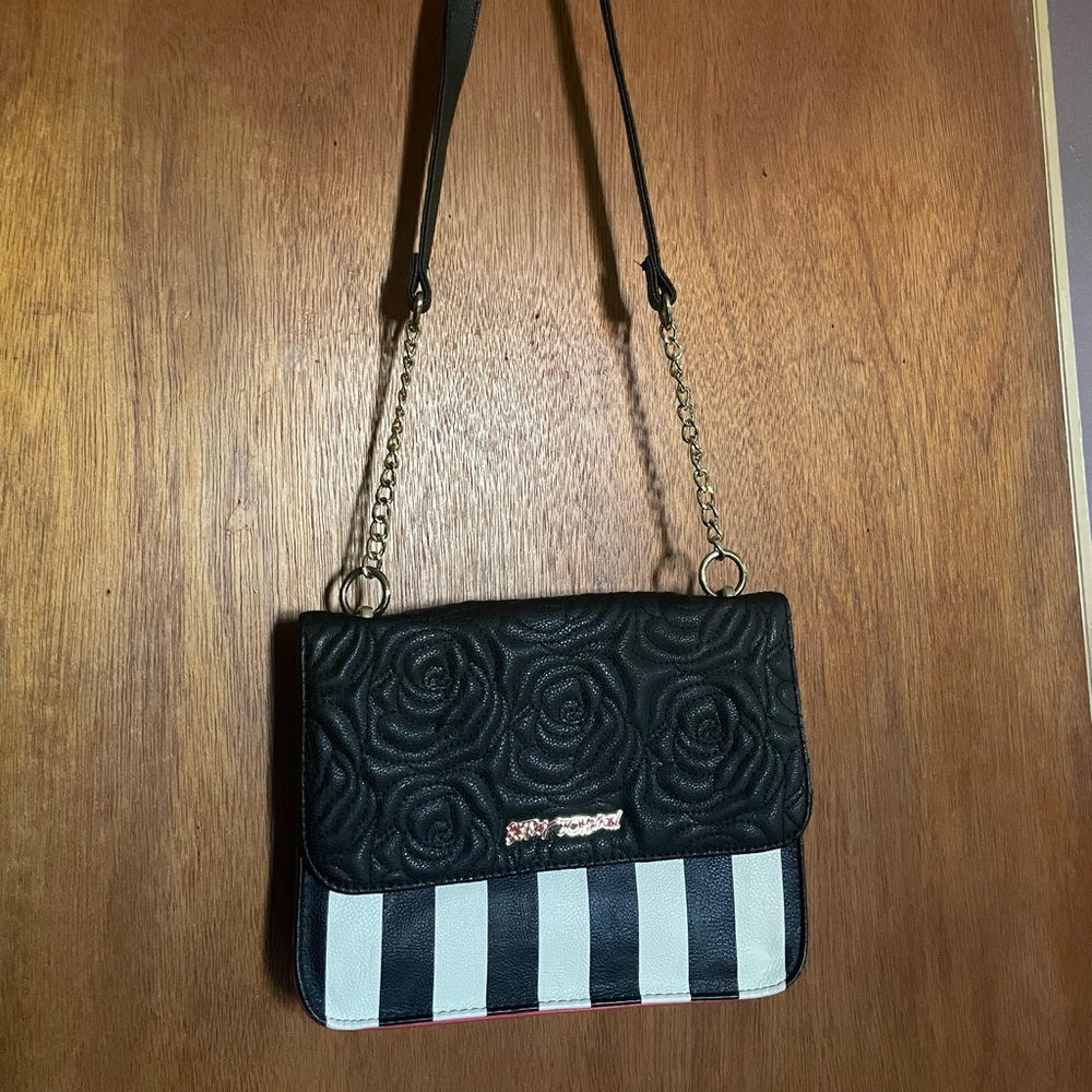 Betsey Johnson Black Quilted Rose Crossbody Bag